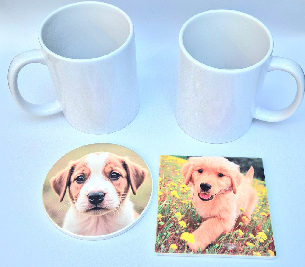 2 Photo Mugs + 2 Personalized Coasters