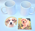 2 Photo Mugs + 2 Personalized Coasters